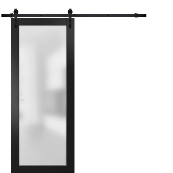 Sturdy Barn Door Frosted Tempered Glass | Planum 2102 Matte Black with Frosted Glass | 6.6FT Black Rail Hangers Heavy Hardware Set | Modern Solid Panel Interior Doors