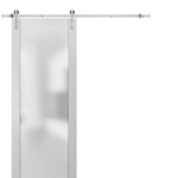 Sturdy Barn Door Frosted Glass with Hardware | Planum 4114 White Silk | Stainless Steel 6.6FT Rail Hangers Heavy Set | Modern Solid Panel Interior Doors 
