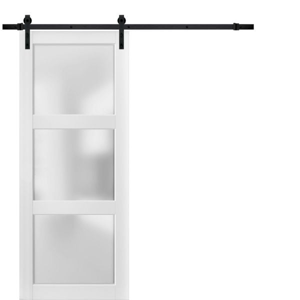 Sliding Barn Door with Hardware | Lucia 2552 White Silk with Frosted Glass | 6.6FT Rail Hangers Sturdy Set | Lite Wooden Solid Panel Interior Doors -18" x 80"-Frosted Glass-Black Rail