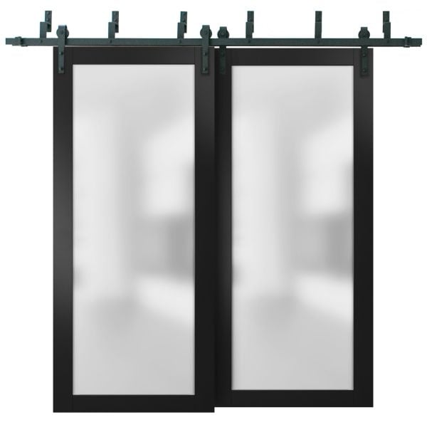 Sliding Closet Frosted Glass Barn Bypass Doors with Hardware | Planum 2102 Matte Black | Sturdy 6.6ft Rails Hardware Set | Modern Wood Solid Bedroom Wardrobe Doors 