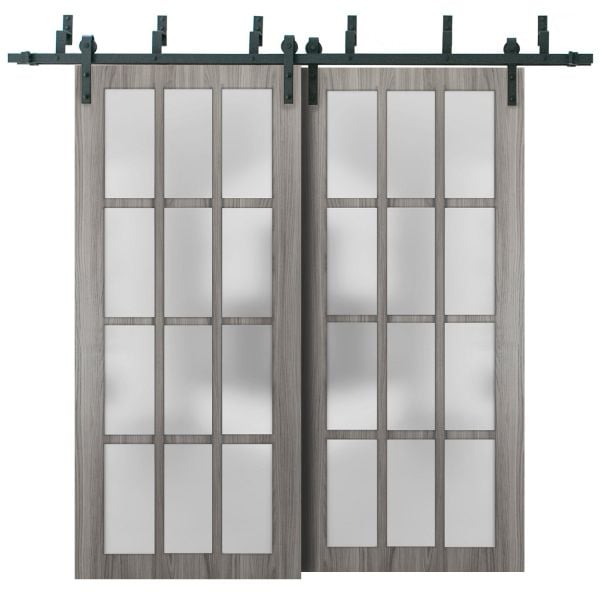 Sliding Closet 12 Lites Barn Bypass Doors | Felicia 3312 Ginger Ash with Frosted Glass | Sturdy 6.6ft Rails Hardware Set | Wood Solid Bedroom Wardrobe Doors 