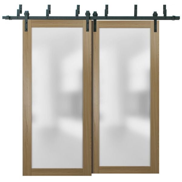 Sliding Closet Frosted Glass Barn Bypass Doors with Hardware | Planum 2102 Honey Ash | Sturdy 6.6ft Rails Hardware Set | Modern Wood Solid Bedroom Wardrobe Doors 