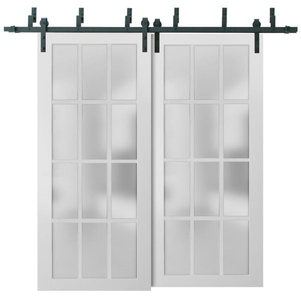 Sliding Closet 12 Lites Frosted Glass Barn Bypass Doors | Felicia 3312 White Silk | Sturdy 6.6ft Rails Hardware Set | Wood Solid Bedroom Wardrobe Doors 