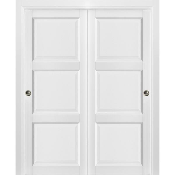 Sliding Closet Bypass Doors with hardware | Lucia 2661 White Silk | Sturdy Rails Moldings Trims Hardware Set | Pantry Kitchen 3-Panels Wooden Solid Bedroom Wardrobe Doors 