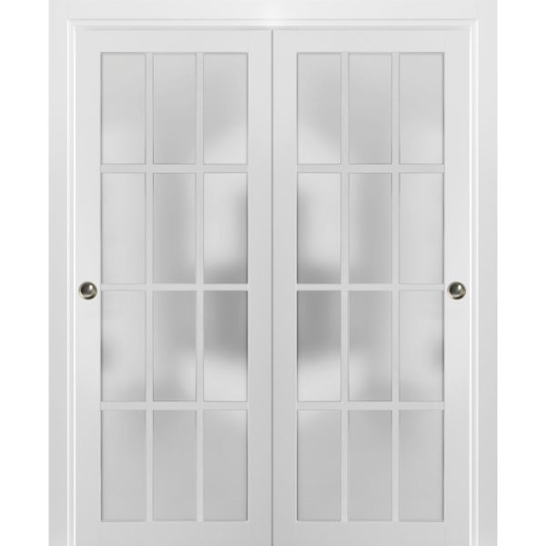 Sliding Closet 12 Lites Bypass Doors Frosted Glass | Felicia 3312 White Silk | Sturdy Rails Moldings Trims Hardware Set | Wood Solid Bedroom Wardrobe Doors