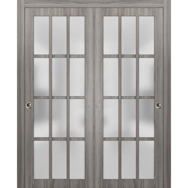 Sliding Closet 12 Lites Bypass Doors | Felicia 3312 Ginger Ash with Frosted Glass | Sturdy Rails Moldings Trims Hardware Set | Wood Solid Bedroom Wardrobe Doors