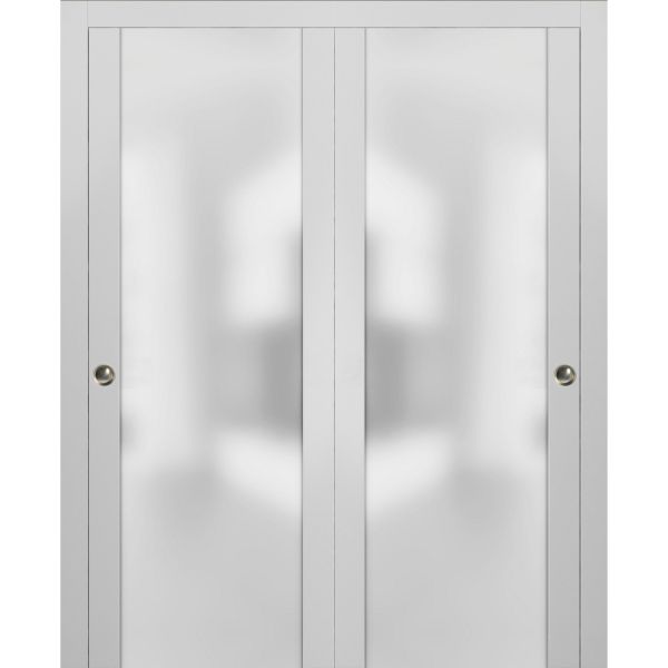 Sliding Closet Frosted Glass Bypass Doors with Hardware | Planum 4114 White Silk | Sturdy Rails Moldings Trims Hardware Set | Modern Wood Solid Bedroom Wardrobe Doors 