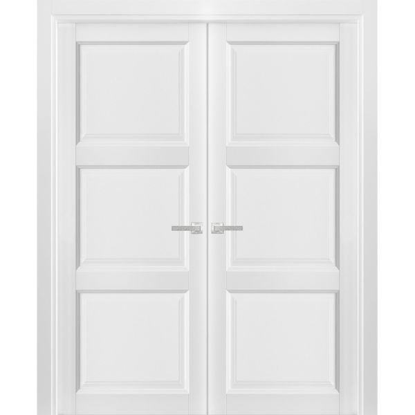 French Double Panel Solid Doors with Hardware | Lucia 2661 White Silk | Panel Frame Trims | Bathroom Bedroom Interior Sturdy Door 