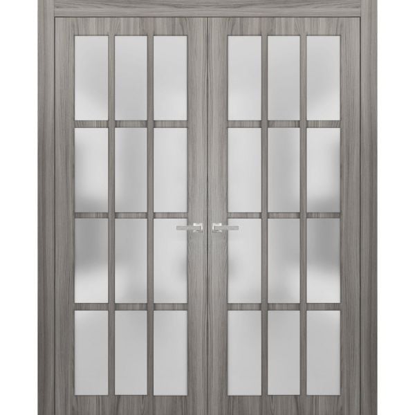 Solid French Double Doors 12 Lites | Felicia 3312 Ginger Ash Grey with Frosted Glass | Single Regural Panel Frame Trims | Bathroom Bedroom Sturdy Doors 