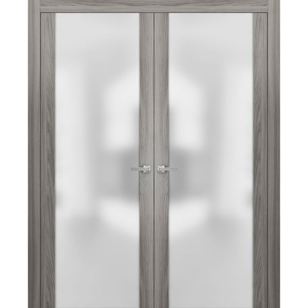 Modern Solid French Double Doors with Handles | Planum 4114 Ginger Ash | Single Regural Panel Frame Trims | Bathroom Bedroom Sturdy Doors 