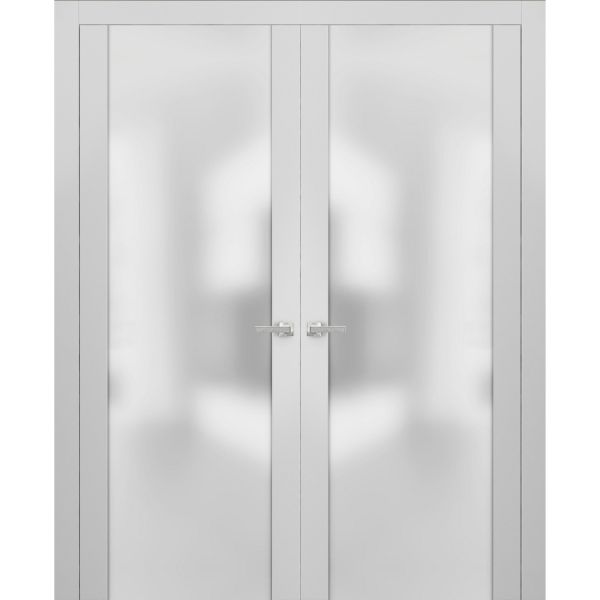 Modern Solid French Double Doors with Handles | Planum 4114 White Silk with Frosted Glass | Single Regural Panel Frame Trims | Bathroom Bedroom Sturdy Doors 