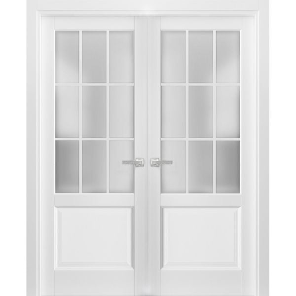 Solid French Double Doors Frosted Glass 9 Lites | Felicia 3309 Matte White | Single Regural Panel Frame Trims | Bathroom Bedroom Sturdy Doors -36" x 80" (2* 18x80)-Butterfly-Frosted Glass