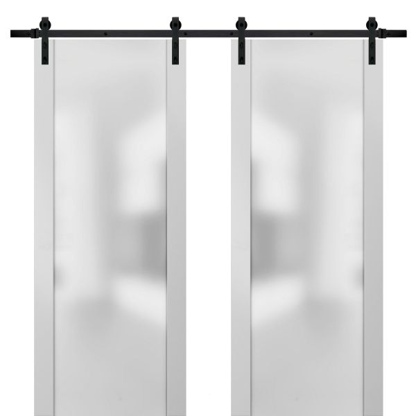Sturdy Double Barn Door with Frosted Glass | Planum 4114 White Silk | 13FT Rail Hangers Heavy Set | Modern Solid Panel Interior Doors 