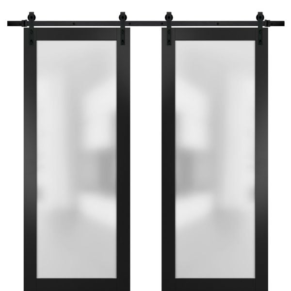 Sturdy Double Barn Door with Frosted Glass | Planum 2102 Matte Black | 13FT Rail Hangers Heavy Set | Modern Solid Panel Interior Doors -36" x 80" (2* 18x80)-Black Rail
