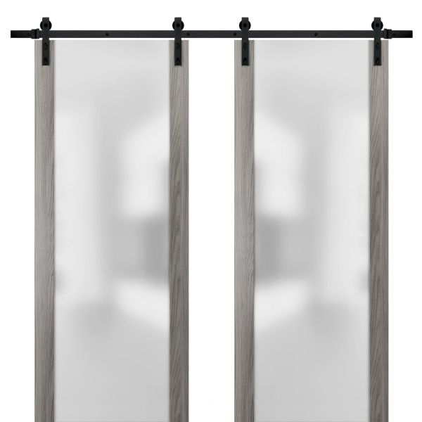 Sturdy Double Barn Door with Frosted Glass | Planum 4114 Ginger Ash | 13FT Rail Hangers Heavy Set | Modern Solid Panel Interior Doors 