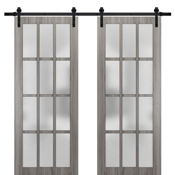 Sturdy Double Barn Door with Frosted Glass 12 Lites | Felicia 3312 Ginger Ash Grey | 13FT Rail Hangers Heavy Set | Solid Panel Interior Doors -36" x 80" (2* 18x80)-Black Rail