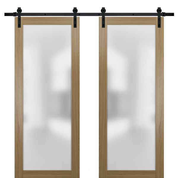 Sturdy Double Barn Door with Frosted Glass | Planum 2102 Honey Ash | 13FT Rail Hangers Heavy Set | Modern Solid Panel Interior Doors 