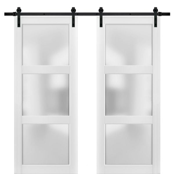 Sliding Double Barn Doors with Hardware | Lucia 2552 White SIlk with Frosted Glass | 13FT Rail Sturdy Set | Kitchen Lite Wooden Solid Panel Interior Bedroom Bathroom Door