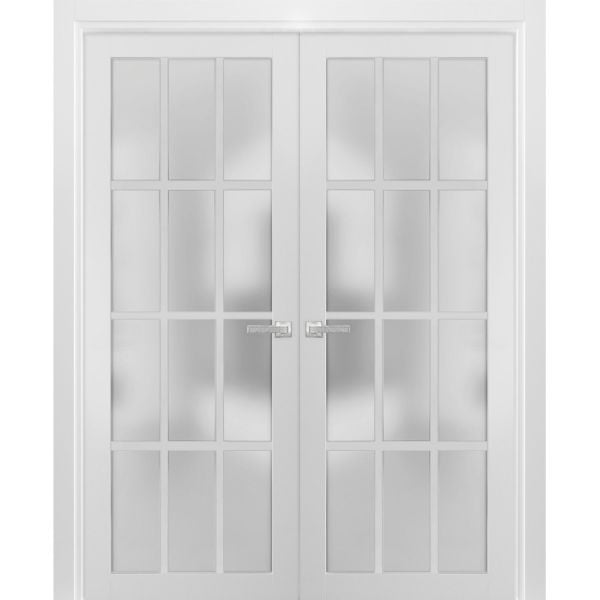 Solid French Double Frosted Glass Doors 12 Lites | Felicia 3312 White Silk | Single Regural Panel Frame Trims | Bathroom Bedroom Sturdy Doors -36" x 80" (2* 18x80)-Frosted Glass-Butterfly