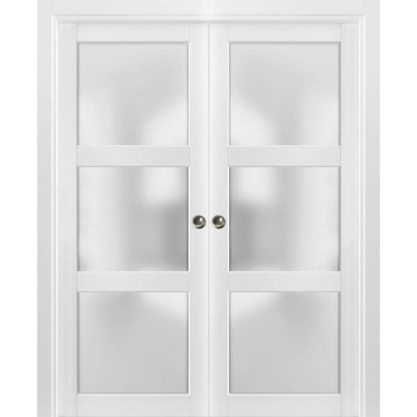 French Double Pocket Doors with Frosted Glass | Lucia 2552 White Silk | Kit Trims Rail Hardware | Solid Wood Interior Pantry Kitchen Bedroom Sliding Closet Sturdy Door -36" x 80" (2* 18x80)-Frosted Glass