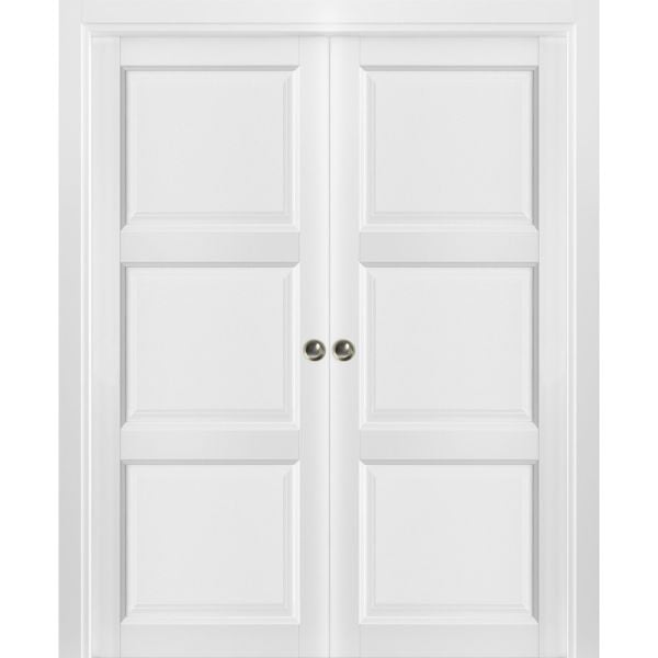 French Double Pocket Doors | Lucia 2661 White Silk | Kit Trims Rail Hardware | Solid Wood Interior Pantry Kitchen Bedroom Sliding Closet Sturdy Door 