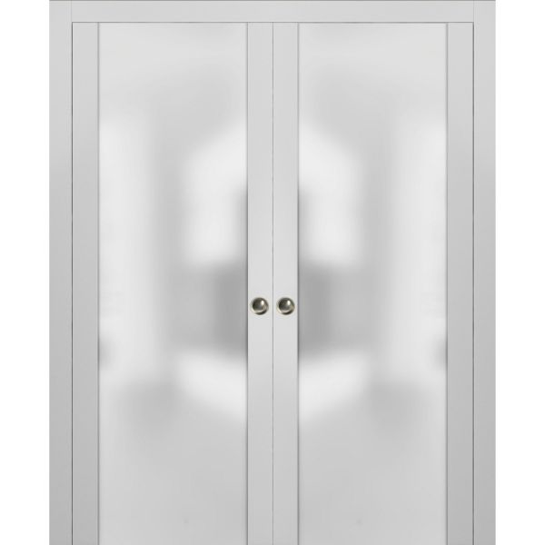 Sliding Double Pocket Door | Planum 4114 White Silk with Frosted Glass | Kit Trims Rail Hardware | Solid Wood Interior Bedroom Bathroom Closet Sturdy Doors 