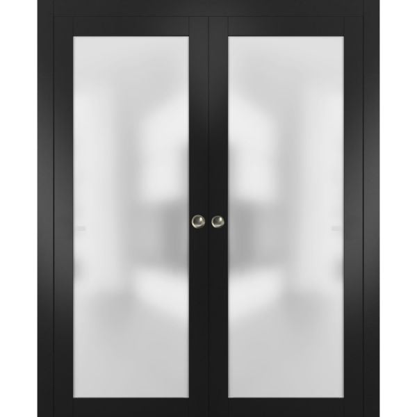 Sliding Double Pocket Door Frosted Tempered Glass | Planum 2102 Black Matte | Kit Trims Rail Hardware | Solid Wood Interior Bedroom Bathroom Closet Sturdy Doors 