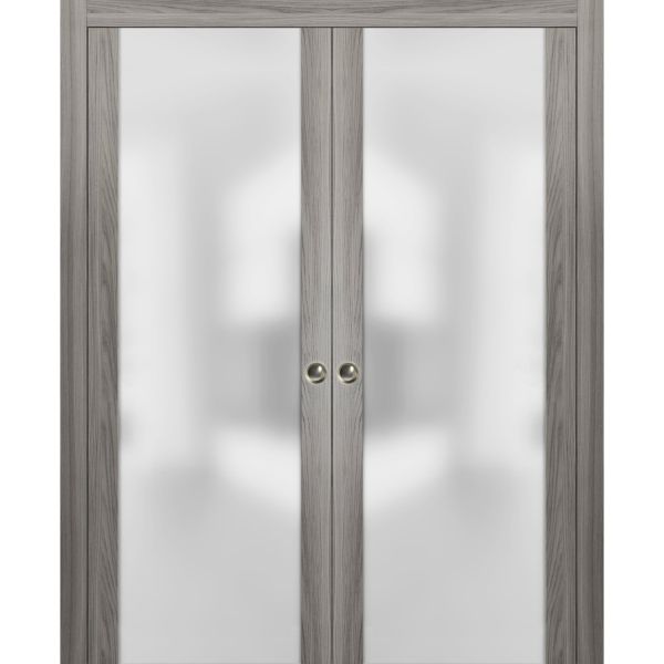 Sliding Double Pocket Door Frosted Tempered Glass | Planum 4114 Ginger Ash | Kit Trims Rail Hardware | Solid Wood Interior Bedroom Bathroom Closet Sturdy Doors 