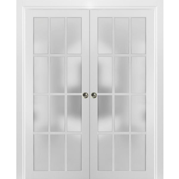 Sliding French Double Pocket Doors Frosted Glass 12 Lites | Felicia 3312 White Matte | Kit Trims Rail Hardware | Solid Wood Interior Bedroom Sturdy Doors 