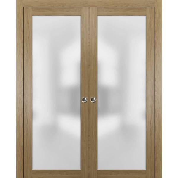Sliding Double Pocket Door Frosted Tempered Glass | Planum 2102 Honey Ash with Frosted Glass | Kit Trims Rail Hardware | Solid Wood Interior Bedroom Bathroom Closet Sturdy Doors