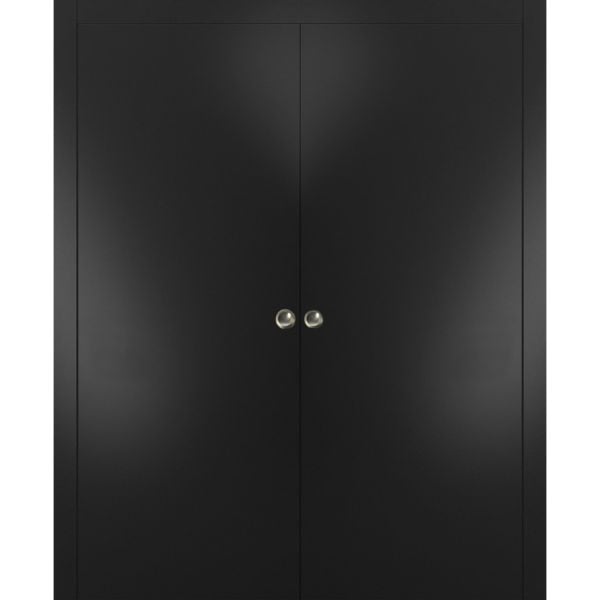 Sliding Double Pocket Door with Frames | Planum 0010 Matte Black | Kit Trims Rail Hardware | Solid Wood Interior Bedroom Bathroom Closet Sturdy Doors 