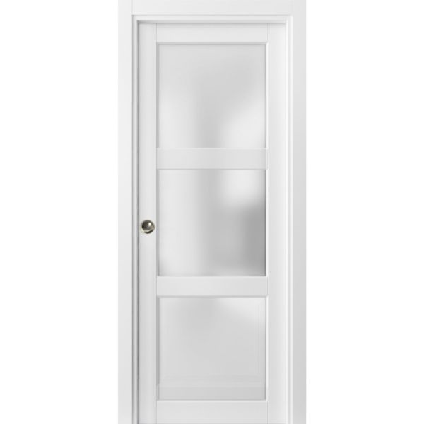 Panel Lite Pocket Door | Lucia 2552 White Silk with Frosted Glass | Kit Trims Rail Hardware | Solid Wood Interior Pantry Kitchen Bedroom Sliding Closet Sturdy Doors 