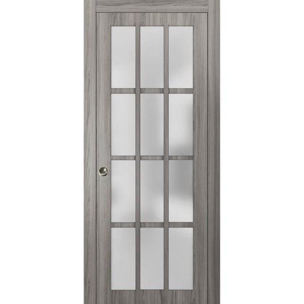 Sliding French Pocket Door with 12 Lites | Felicia 3312 Ginger Ash with Frosted Glass | Kit Trims Rail Hardware | Solid Wood Interior Bedroom Sturdy Doors