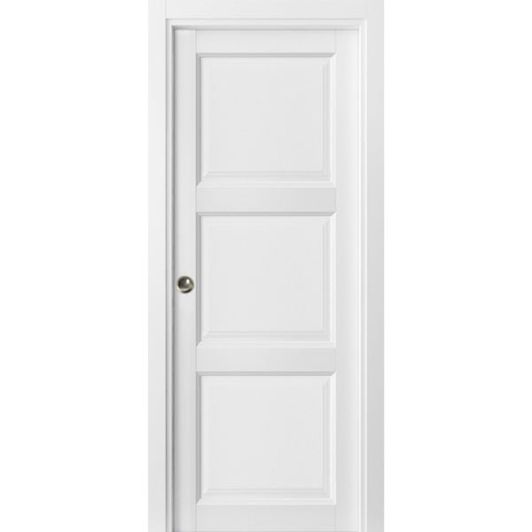 3 Panel Pocket Door | Lucia 2661 White Silk | Kit Trims Rail Hardware | Solid Wood Interior Pantry Kitchen Bedroom Sliding Closet Sturdy Doors 