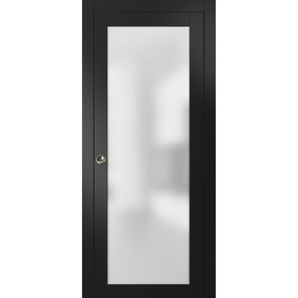 Sliding Pocket Door with Frosted Tempered Glass | Planum 2102 Matte Black | Kit Trims Rail Hardware | Solid Wood Interior Bedroom Bathroom Closet Sturdy Doors 