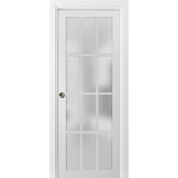 Sliding French Pocket Door 12 Lites | Felicia 3312 White Silk with Frosted Glass | Kit Trims Rail Hardware | Solid Wood Interior Bedroom Sturdy Doors 