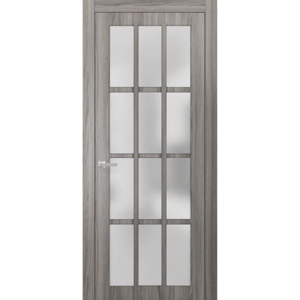 Solid French Door 12 Lites | Felicia 3312 Ginger Ash with Frosted Glass | Single Regural Panel Frame Trims Handle | Bathroom Bedroom Sturdy Doors 