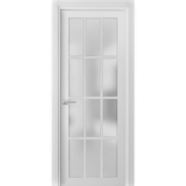 Solid French Door Frosted Glass 12 Lites | Felicia 3312 White Silk | Single Regural Panel Frame Trims Handle | Bathroom Bedroom Sturdy Doors -18" x 80"-Frosted Glass-Butterfly