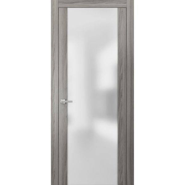 Modern Solid French Door with Handle | Planum 4114 Ginger Ash with Frosted Glass | Single Regural Panel Frame Trims | Bathroom Bedroom Sturdy Doors 