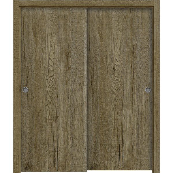 Sliding Closet Bypass Doors 48 x 84 inches | BASIC 3001 Antique Oak | Rails Hardware Set | Wood Solid Bedroom Wardrobe Doors