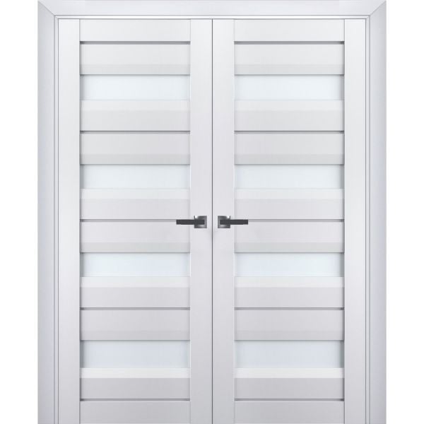 Interior Solid French Double Doors Frosted Glass | Veregio 7455 White Silk | Wood Solid Panel Frame Trims | Closet Bedroom Sturdy Doors 