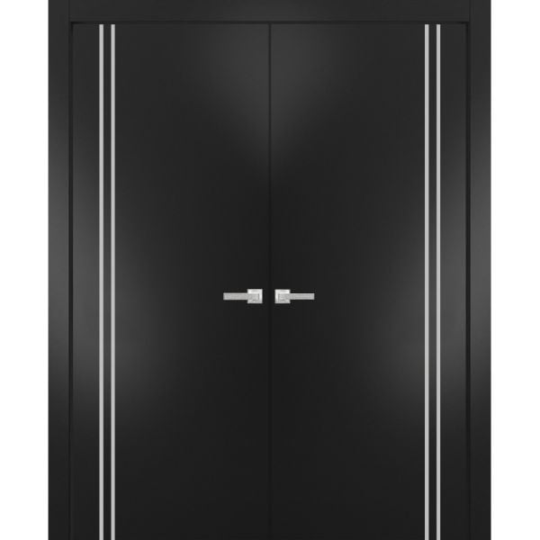 Solid French Double Doors | Planum 0310 Matte Black | Wood Solid Panel Frame Trims | Closet Bedroom