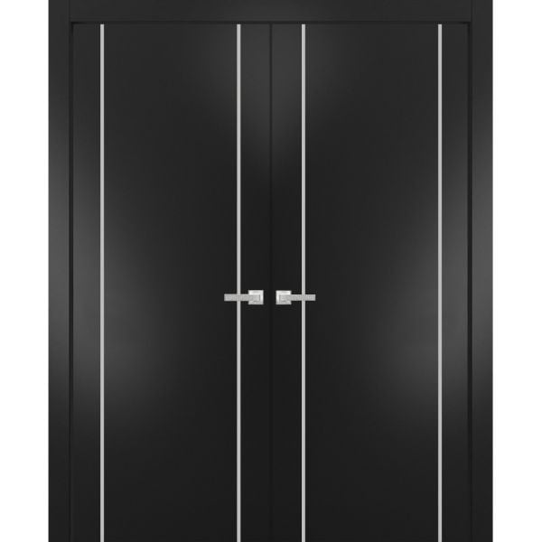 Solid French Double Doors | Planum 0410 Matte Black | Wood Solid Panel Frame Trims | Closet Bedroom
