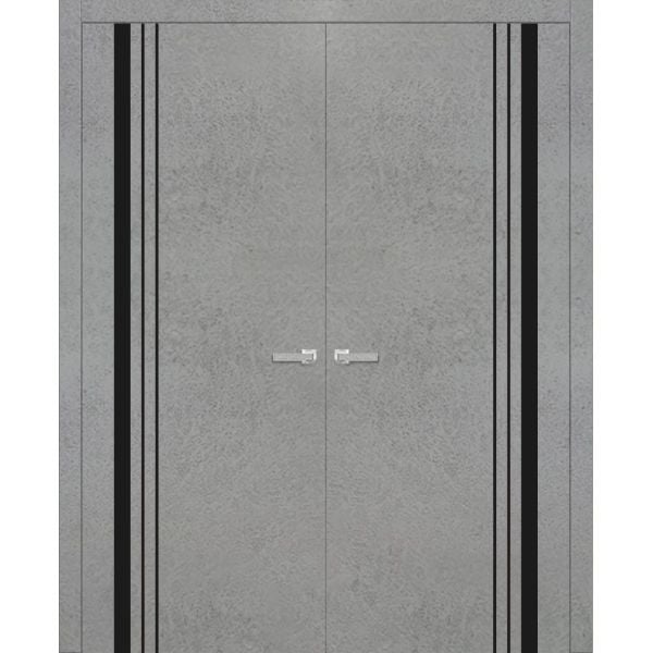 Planum Solid French Double Doors | Planum 0011 Concrete | Wood Solid Panel Frame Trims | Closet Bedroom Sturdy Doors 