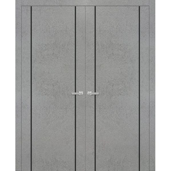 Planum Solid French Double Doors | Planum 0016 Concrete | Wood Solid Panel Frame Trims | Closet Bedroom Sturdy Doors 
