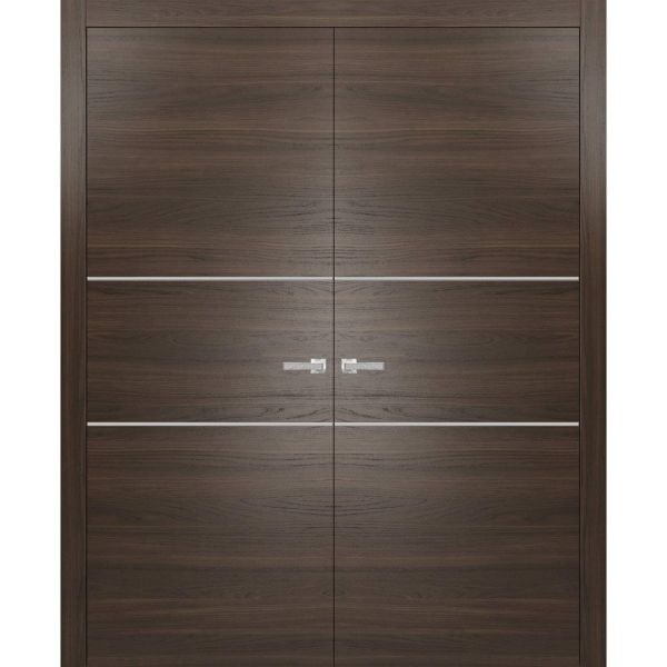 Solid French Double Doors | Planum 0110 Chocolate Ash | Wood Solid Panel Frame Trims | Closet Bedroom