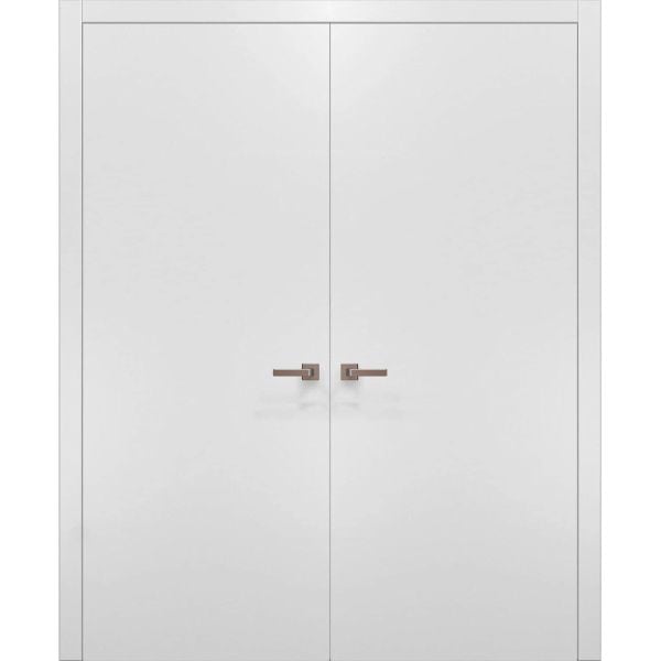 Solid French Double Doors | Planum 0010 White Silk | Wood Solid Panel Frame Trims | Closet Bedroom
