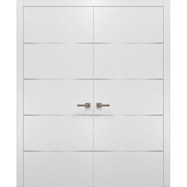 Planum 0020 Interior Double Pre-hung Closet Doors White Silk with Trims Frame Handles