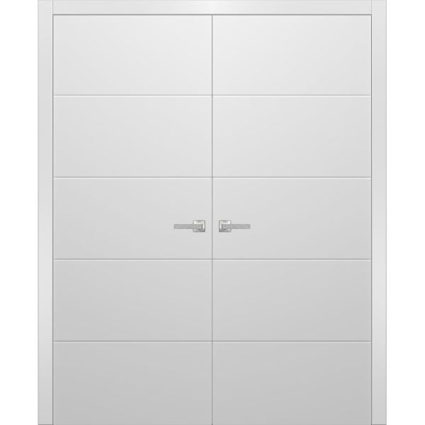 Planum Solid French Double Doors | Planum 0770 Painted White Matte | Wood Solid Panel Frame Trims | Closet Bedroom Sturdy Doors 