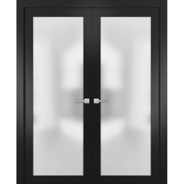 Solid French Double Doors Frosted Glass | Planum 2102 Matte Black | Wood Solid Panel Frame Trims | Closet Bedroom Sturdy Doors-48" x 80" (2* 24x80)-Butterfly